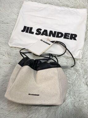 Jil Sander Cream Canvas and Black Leather Drawstring Crossbody